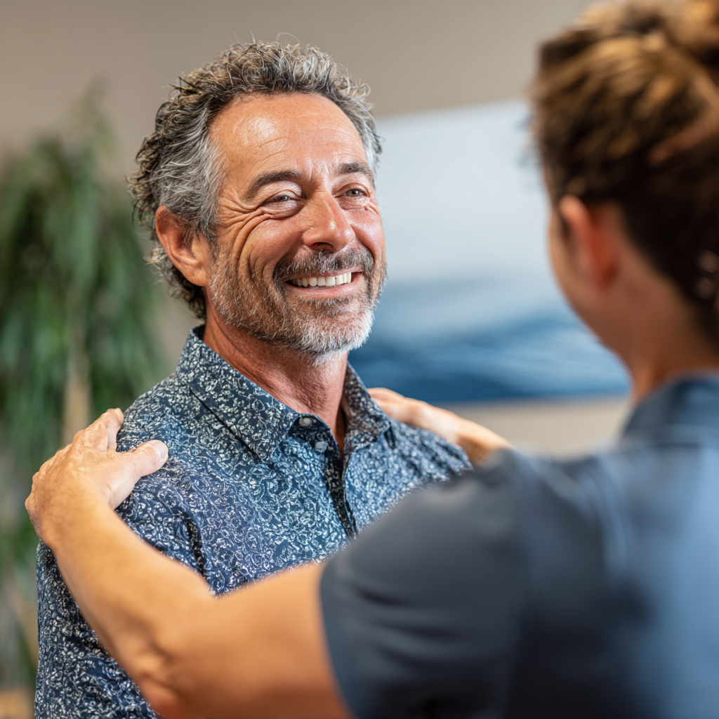 Middle-aged person having gentle movement consultation with morstilan specialist
